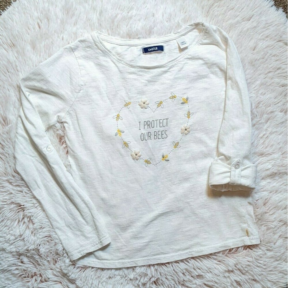 Okaidi "I Protect Our Bees" White Tee Rollup Sleeve Puffy Floral 10y